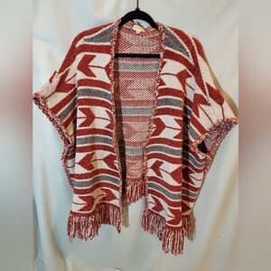 POL Red and Gray Chenille Southwest Print Oversized Poncho